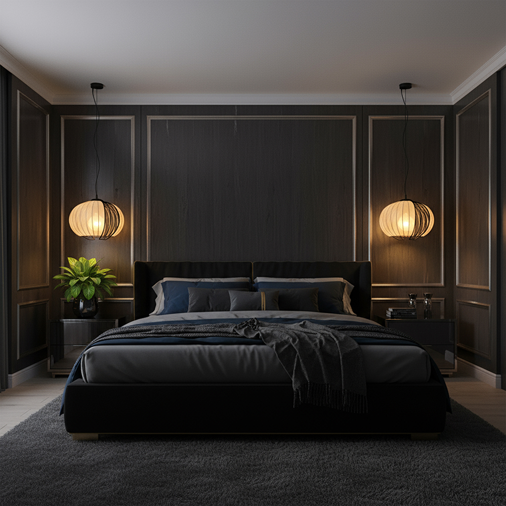 E27 Decorative Hanging Pendant (D400*H290mm) Matt Black Body+Beige img 1