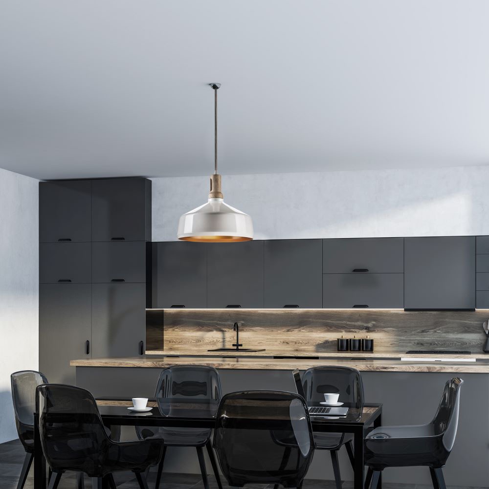 Lampadario con Portalampada Parabola Bianca Base in legno Ampio __350