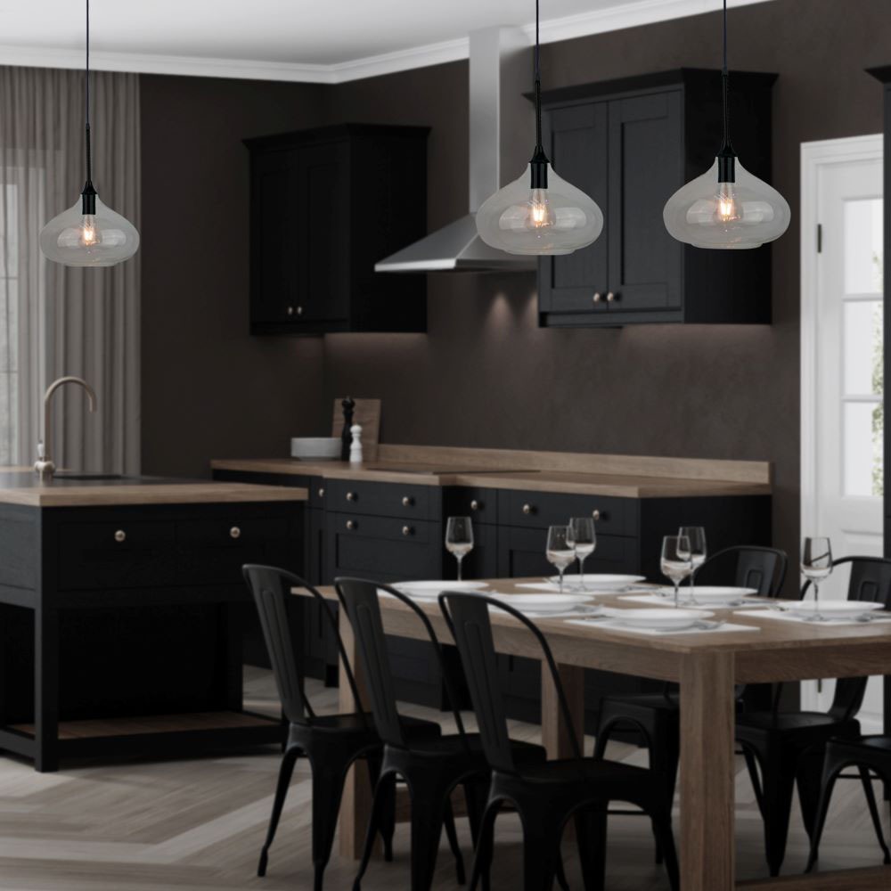 Lampadario con Portalampada Moderno Nero Vetro Trasparente __280mm