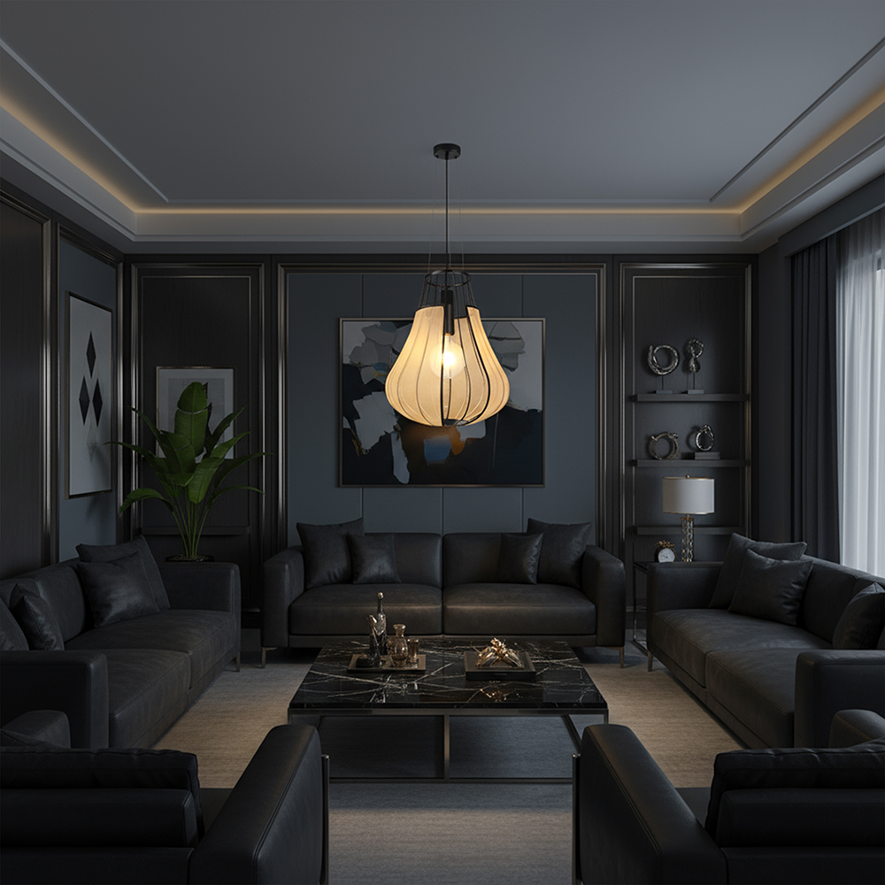 E27 Decorative Hanging Pendant (D420*H500mm) Matt Black Body+Beige