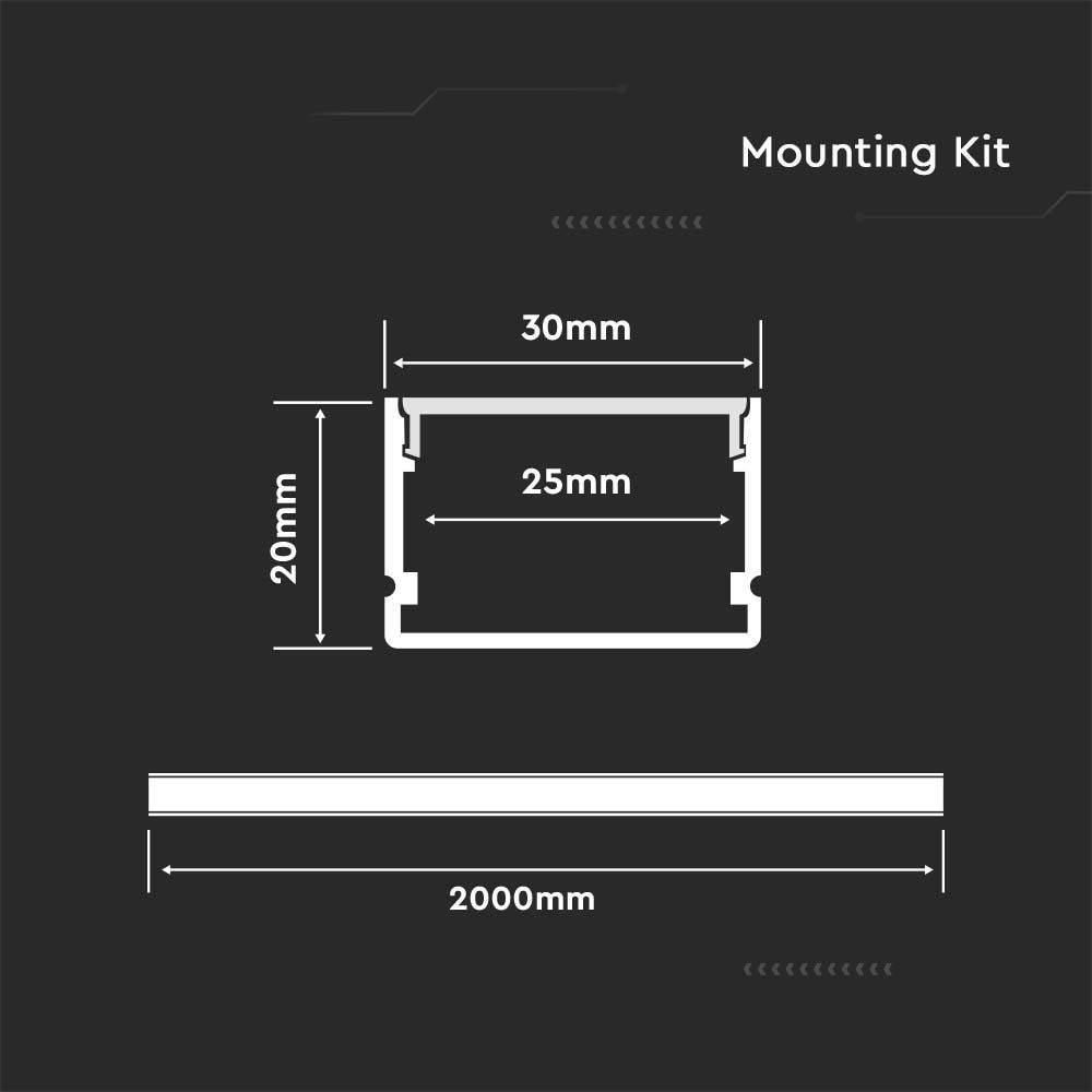 Kit di montaggio per strisce LED in alluminio con diffusore Bianco 2000 x 30 x 20 mm