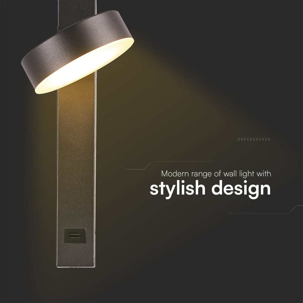 7W LED Wall Light With USB 3000K Acrylic Black