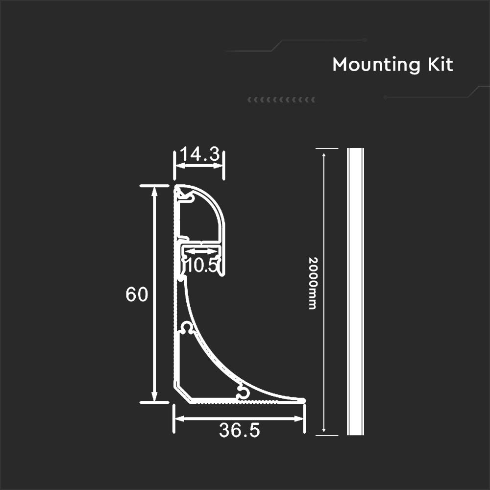 Led Strip Mounting Kit With Diffuser Aluminum 2000*60*36mm Silver Body