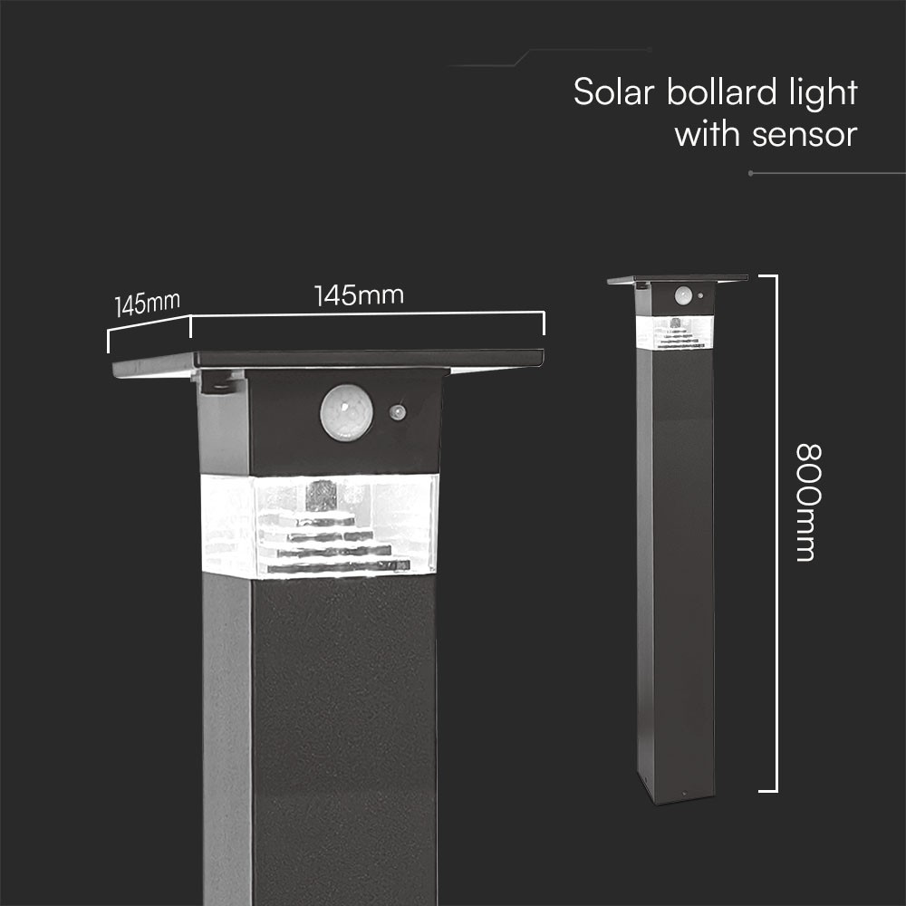 3W LED Solar Bollard Lamp With Pir Sensor & Battery 2200MA LI 3.7V