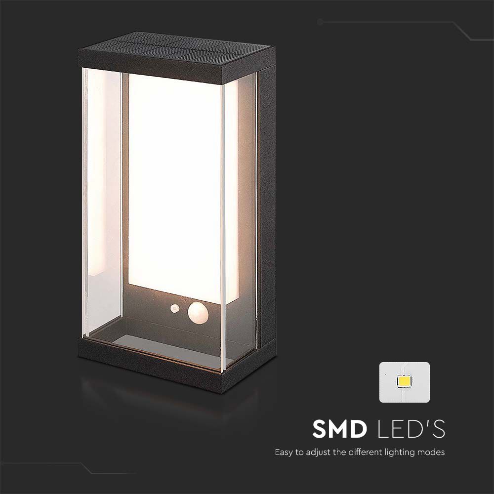  Lampada LED da Muro Rettangolare con Pannello Solare e Sensore PIR 1W Colore Nero 3000K 