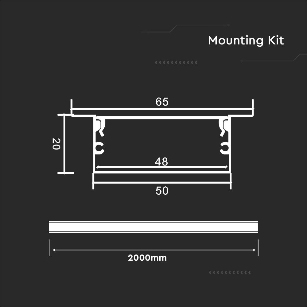 KIT MONTAGGIO CON DIFFUSORE PER STRISCIA LED 2000x50x20mm CORPO ARGENTO