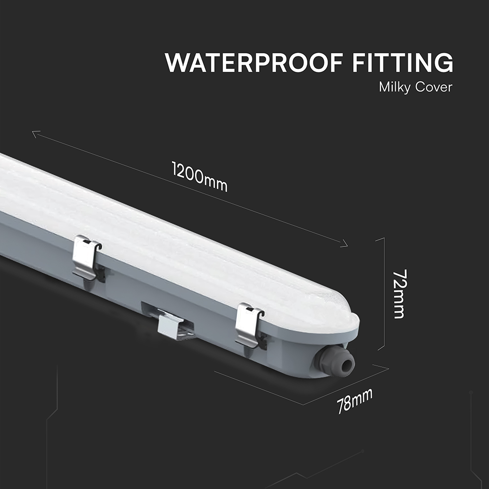 LED Waterproof Fitting Milky Cover 1200mm 36W Sensor+SS Clips 6500K