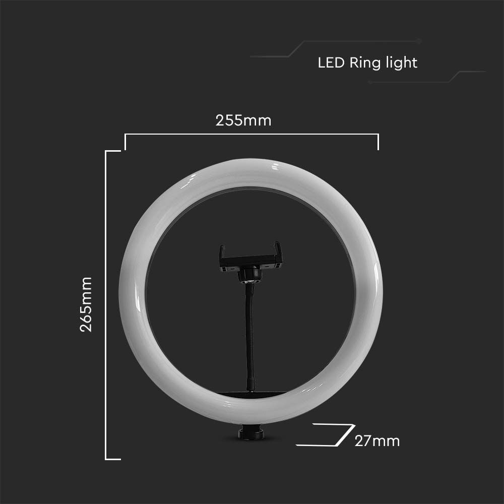 Lampada ad Anello 7W 26cm per Selfie e Riprese Video con Treppiede da Tavolo inclusa Pulsantiera e 1 Supporto per Telefono CCT Variabile 3200K-5500K