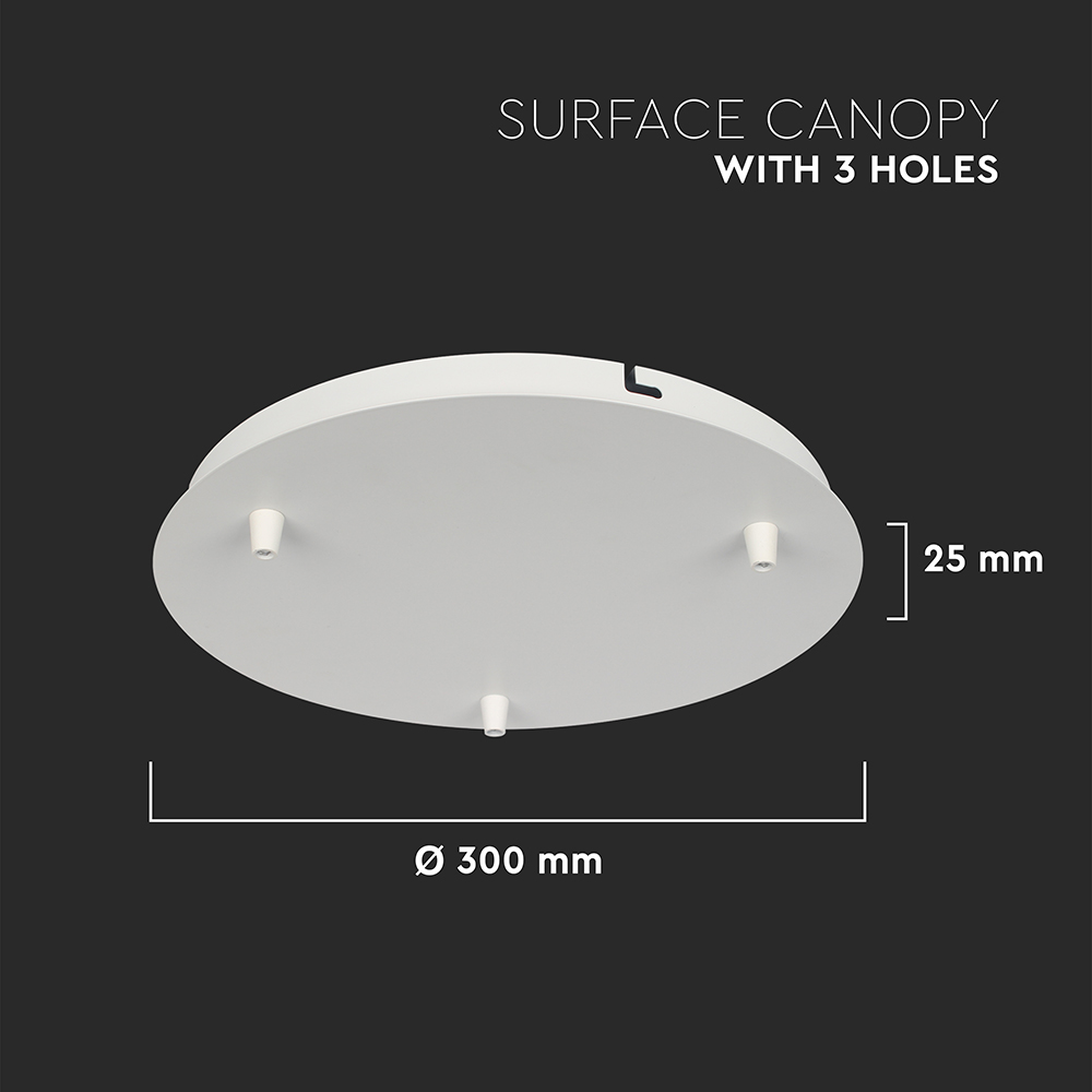 Rosone per Lampadario in Acciaio d:300*h:25mm con 3 Fori Colore Bianco Opaco