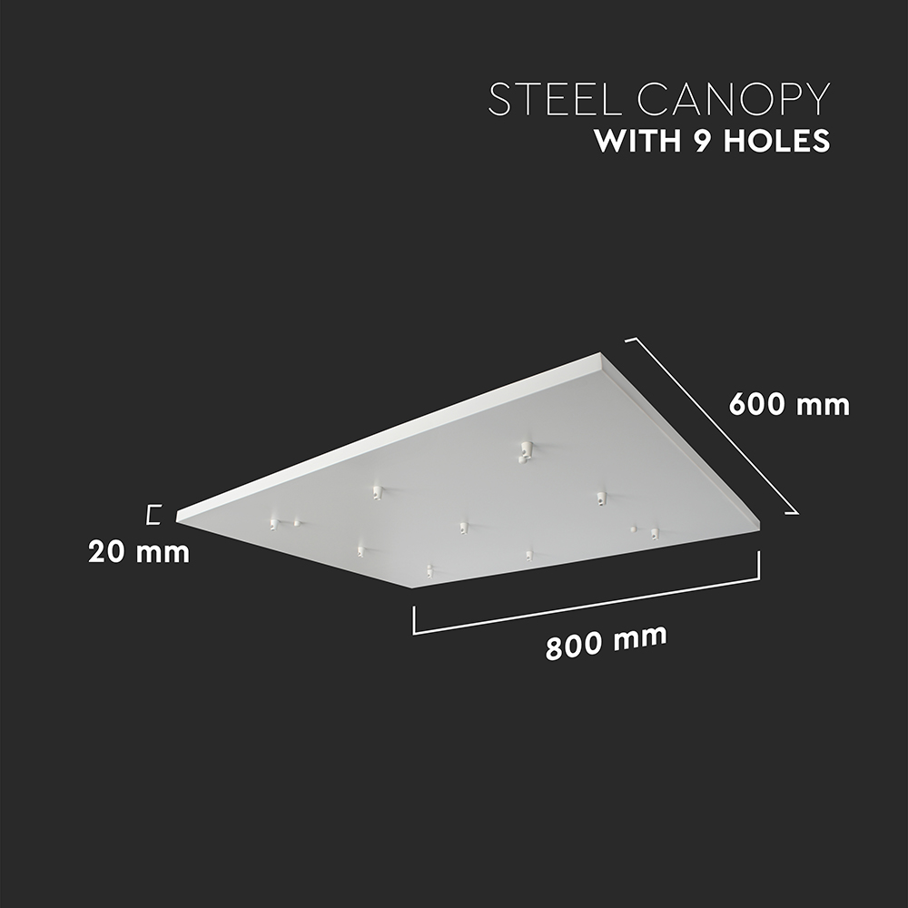 Rosone per Lampadario in Acciaio Rettangolare 800x600x20mm con 9 Fori Colore Bianco opaco