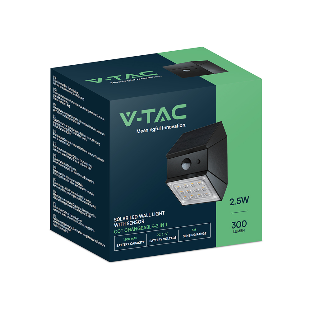 2.5W LED Solar Wall Light Sensor 1200mAh 3.7V CCT3IN1 Black Body