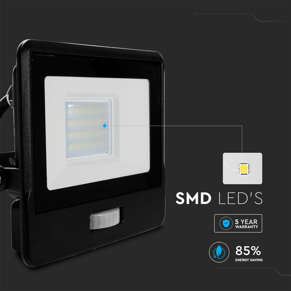 20W LED PIR Sensor Floodlight SAMSUNG CHIP Black Body 6400K 1M Cable
