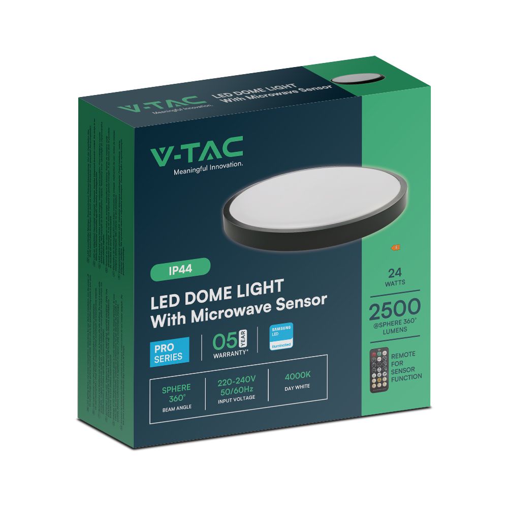 24W LED Dome Light With Sensor SAMSUNG Chip 4000K Round Black Frame IP44