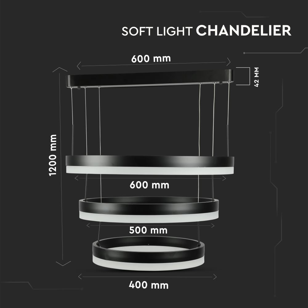 92W Soft Light Chandelier Dimmable Black 3000K