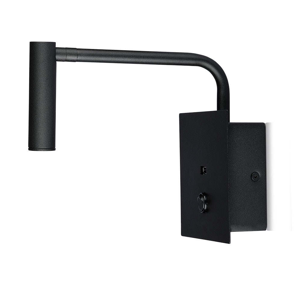 3W LED Lampada da comodino Switch & USB Port Nera 3000K