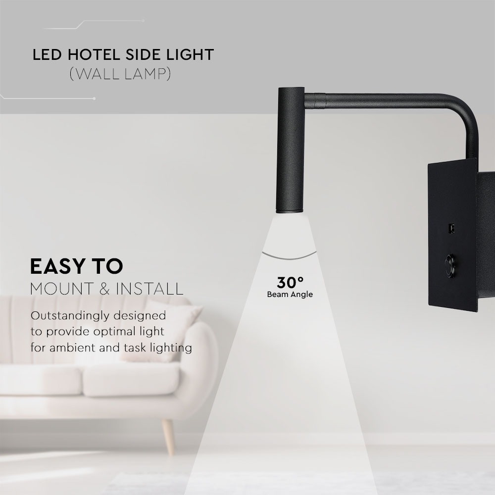 3W LED Lampada da comodino Switch & USB Port Nera 3000K img 1