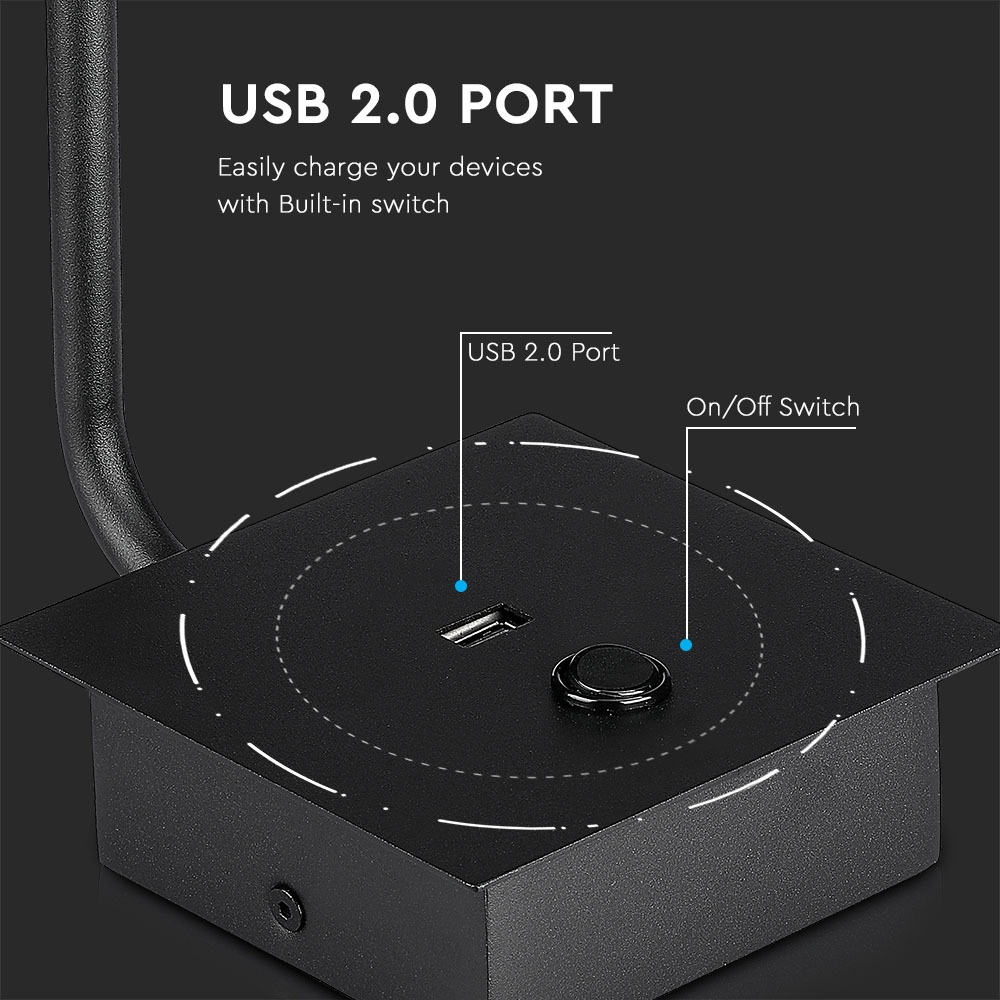 3W LED Lampada da comodino Switch & USB Port Nera 3000K img 3