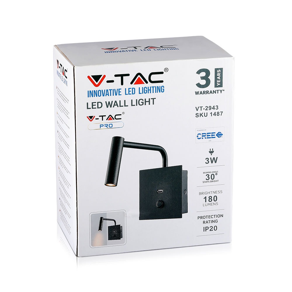3W LED Lampada da comodino Switch & USB Port Nera 3000K