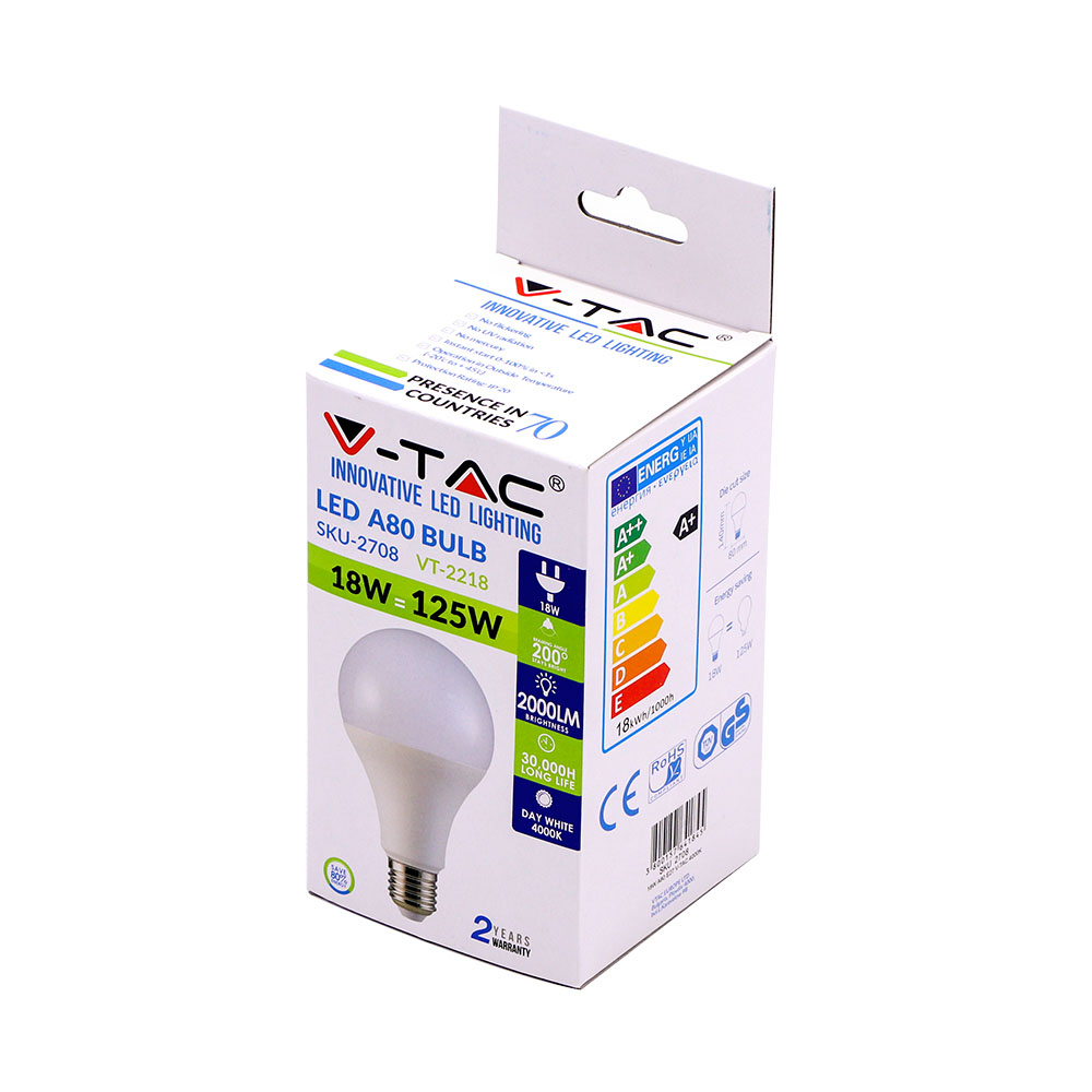 LED Lampadina 18W E27 A80 2000 lm Plastica 3000K