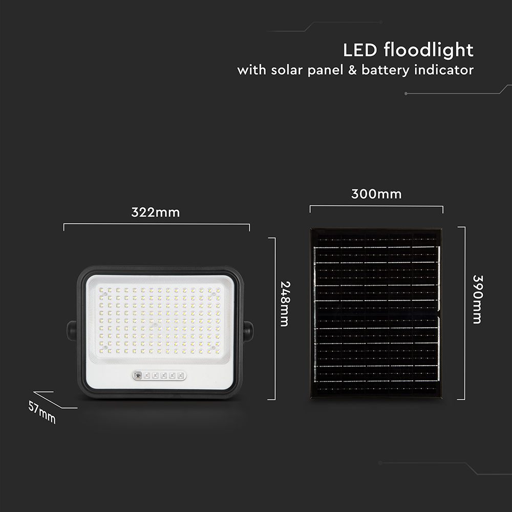 300W LED Solar Floodlight 2000K-8000K Black Body Battery Indicator