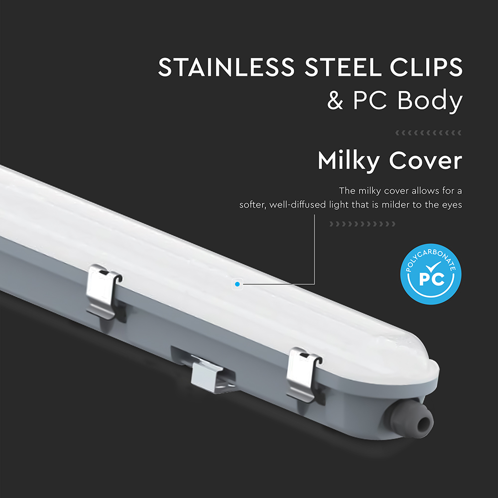 LED Waterproof Fitting Milky Cover 1200mm 36W EM KIT+SS Clips 6500K img 2