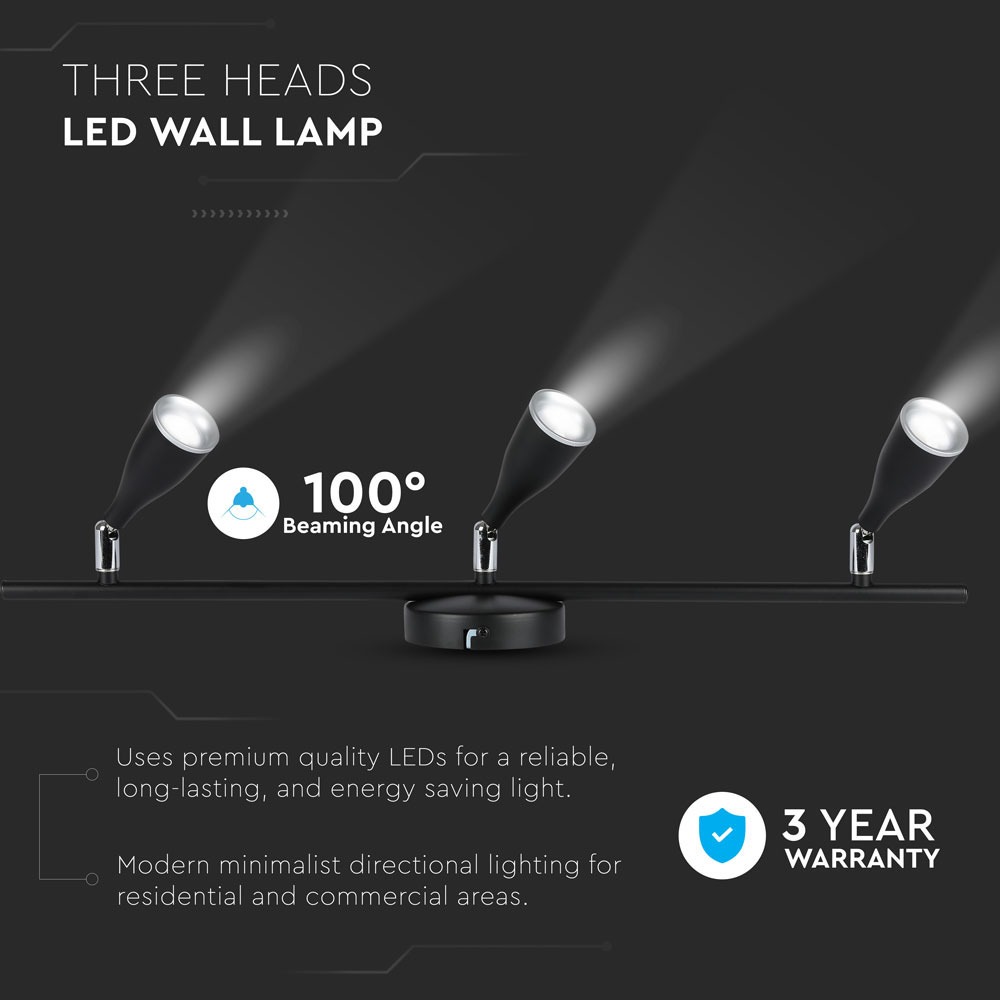 3 x 4.5W LED Lampada da parete Luce Bianco Caldo Corpo Nero