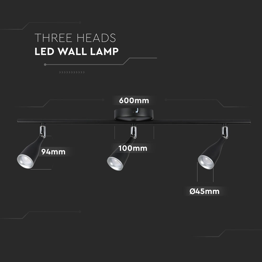 3 x 4.5W LED Lampada da parete Luce Bianco Caldo Corpo Nero