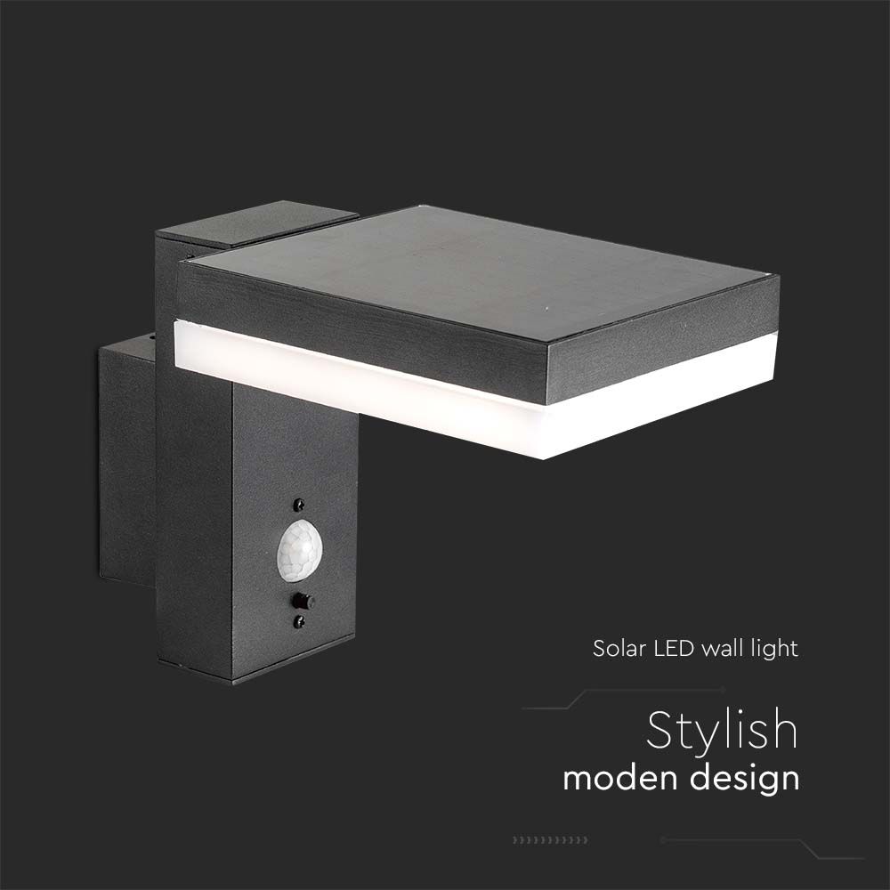 Lampada LED da Muro Rettangolare 5.5W con Pannello Solare e Sensore PIR Corpo Nero 3000K IP44