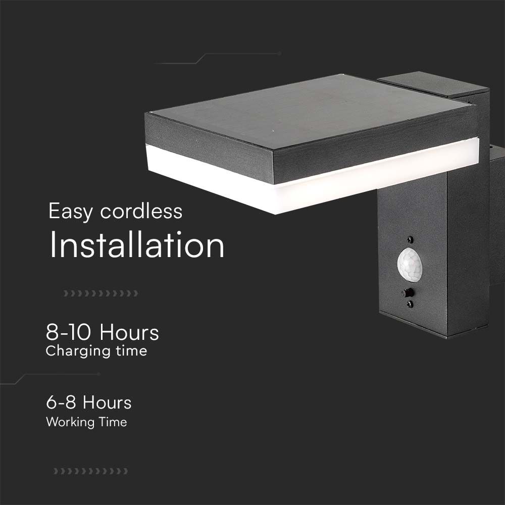 Lampada LED da Muro Rettangolare 5.5W con Pannello Solare e Sensore PIR Corpo Nero 3000K IP44 img 1