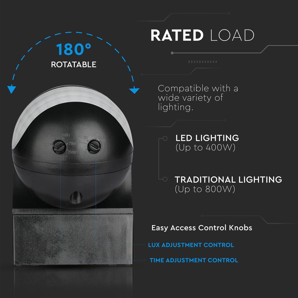 Sensore PIR da muro di colore nero con testa orientabile img 1