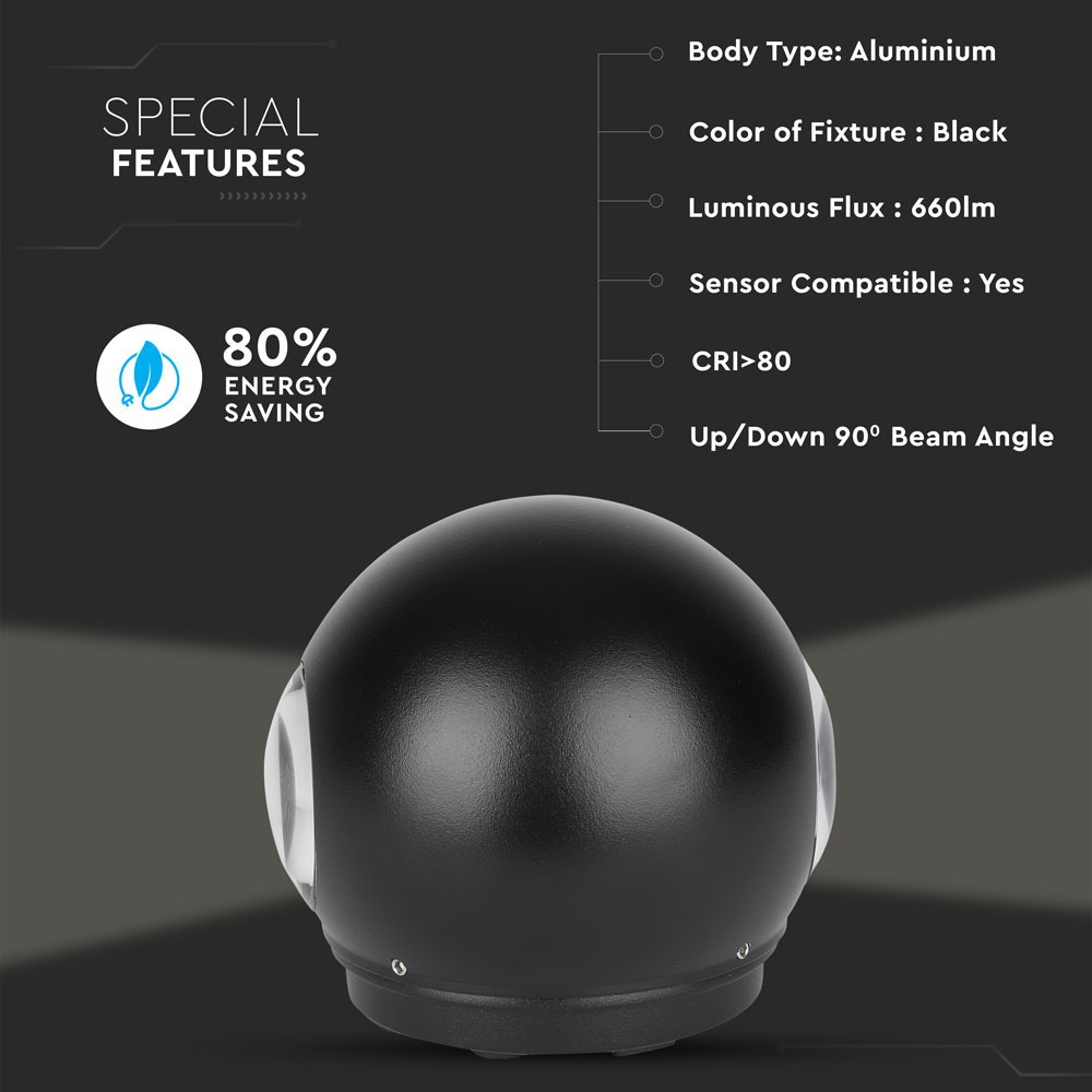 6W LED Wall Light Corpo Nero Rotondo IP65 3000K