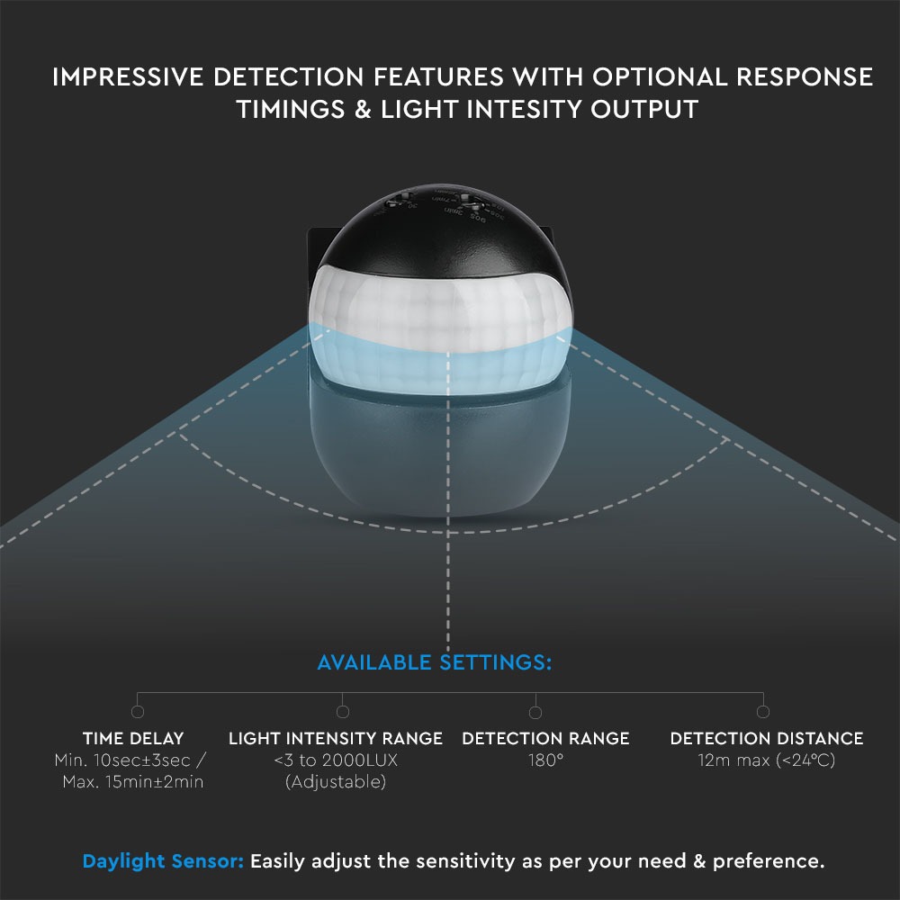 Sensore PIR da muro di colore nero con testa orientabile img 2