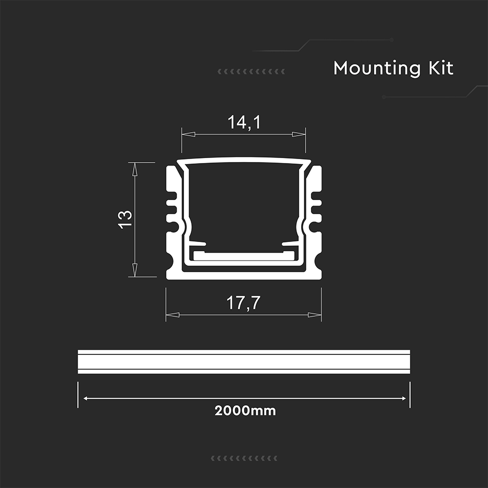 LED Strip Mounting Kit With Diffuser Floor Profile Surface 2000*17*14mm