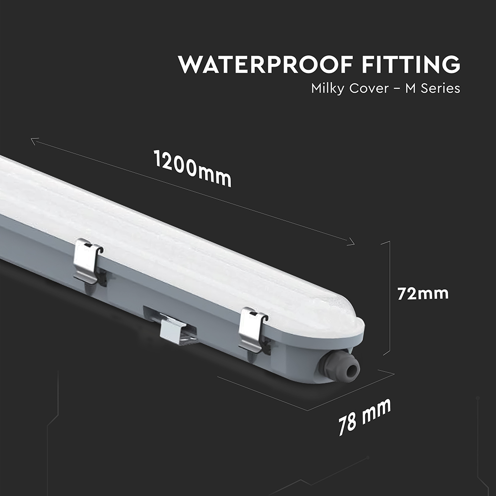 LED Waterproof Fitting Milky Cover 1200mm 36W EM KIT+SS Clips 6500K