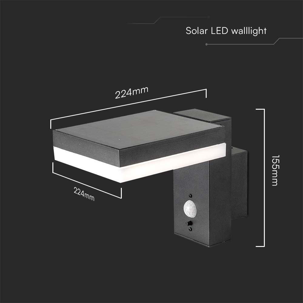 Lampada LED da Muro Rettangolare 5.5W con Pannello Solare e Sensore PIR Corpo Nero 3000K IP44