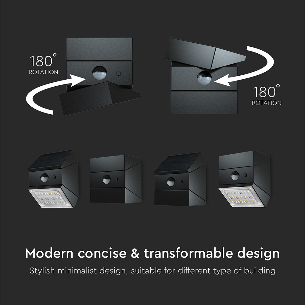 2.5W LED Solar Wall Light Sensor 1200mAh 3.7V CCT3IN1 Black Body