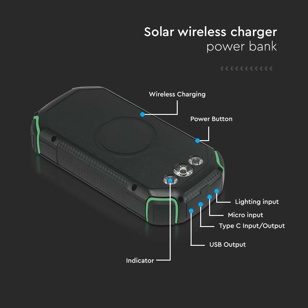 Power Bank 30.000 mAh con Pannello Solare e Ricarica Wireless Colore Nero img 3