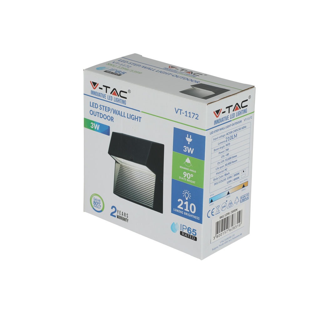 3W Faretto incasso LED Luce scale Corpo Nero Quadrato Bianco Naturale