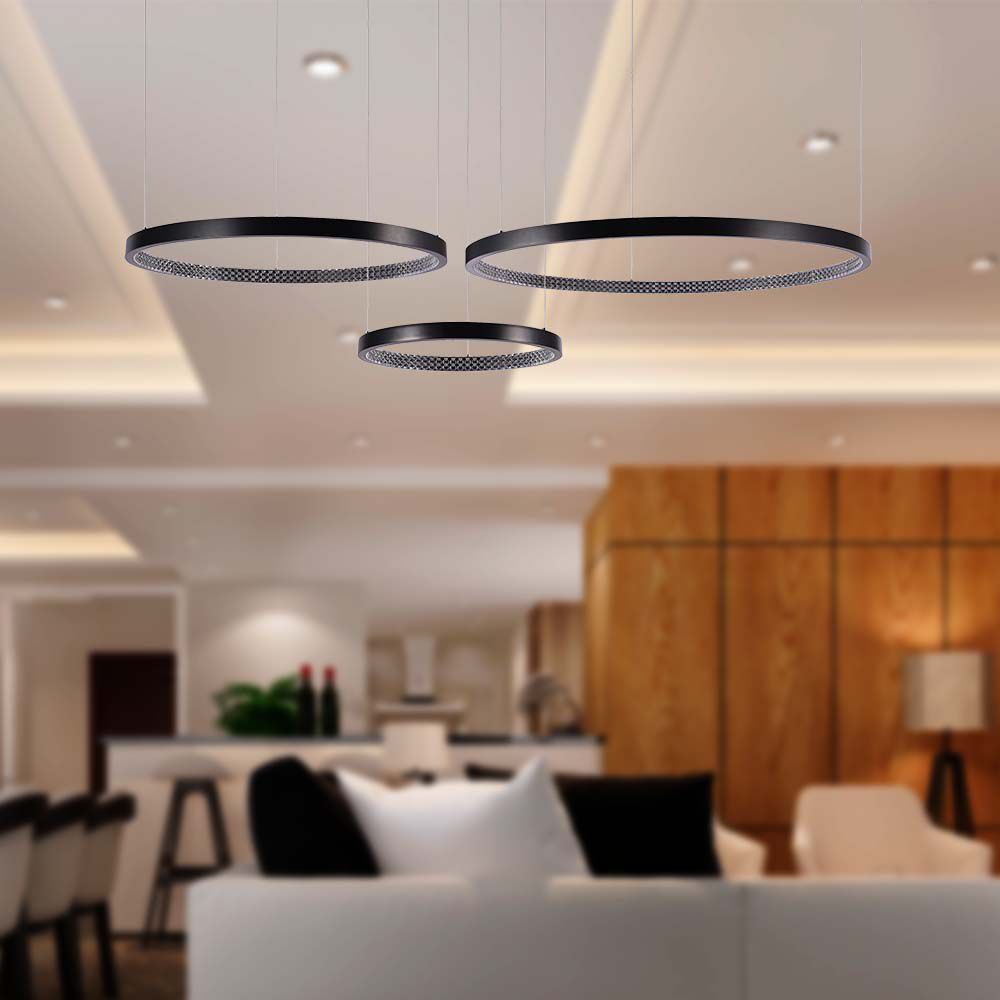 Lampadario LED a Sospensione con 3 Cerchi 57W in Metallo Colore Nero 151*91*108cm 3000K