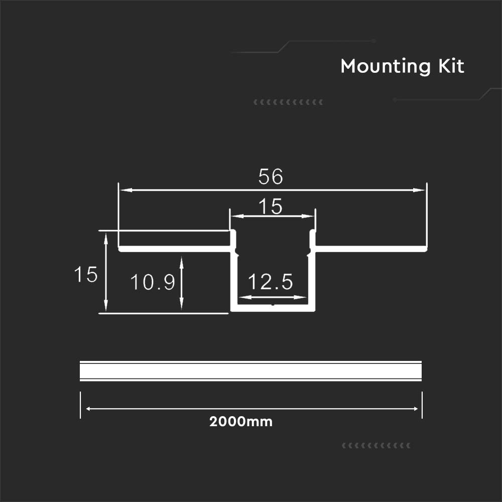 KIT MONTAGGIO CON DIFFUSORE PER STRISCIA LED 2000x55x15mm CORPO ARGENTO