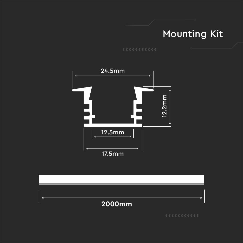 Kit di montaggio per strisce LED in alluminio con diffusore Opaco 2000 x 24,5 x 12,2 mm