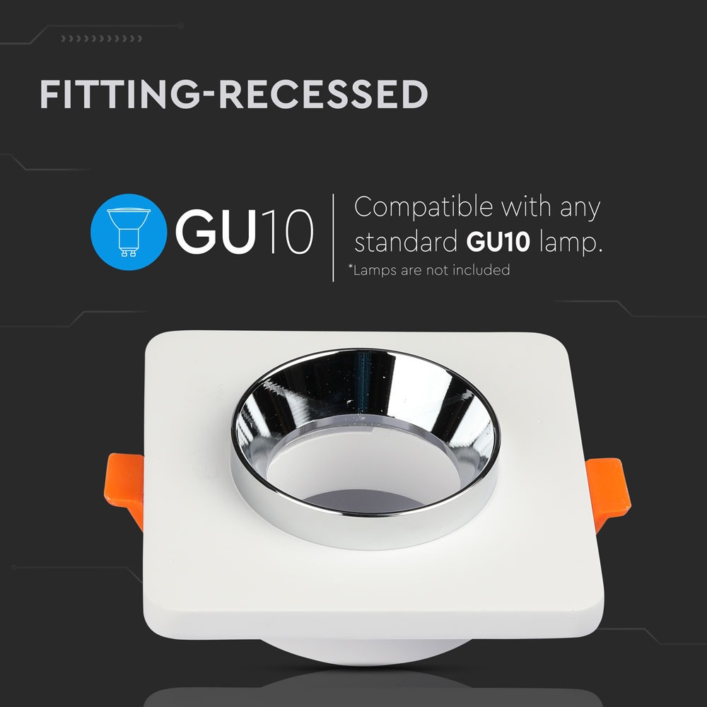 GU10 Fitting Gesso Metal White Plaster Chrome, Quadrato Recessed