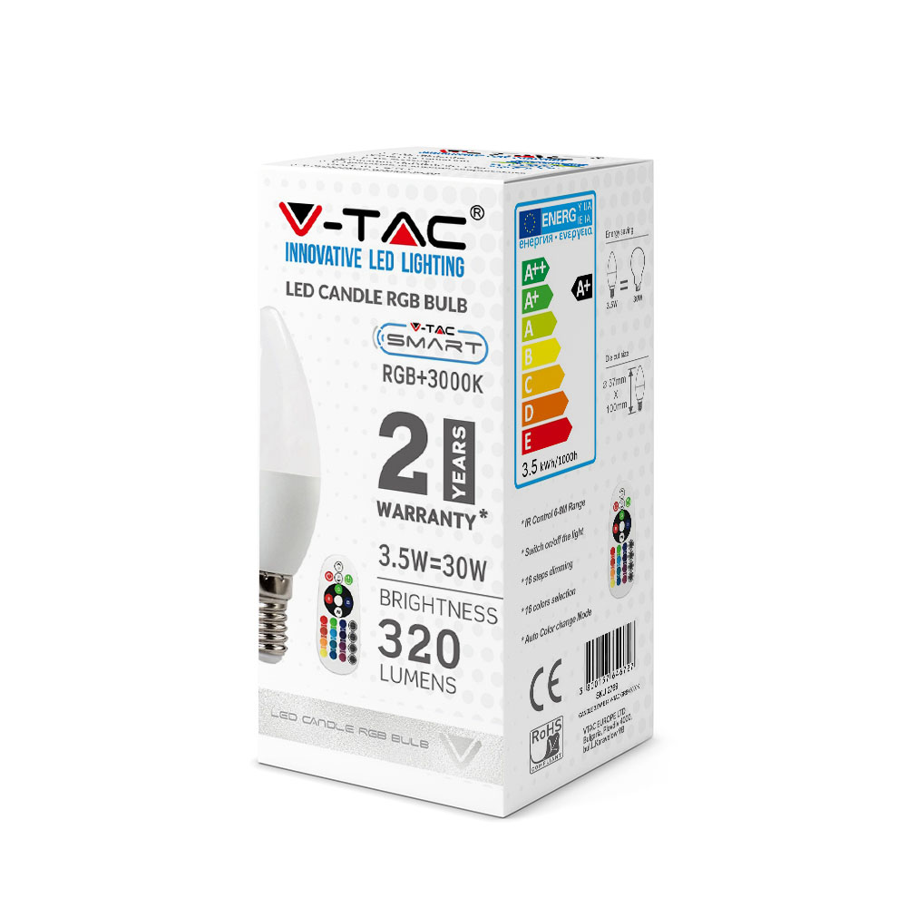 Lampadina a LED 3.5W E14 Candle Controllo luminosita' RF attenuabile RGB + 6400K