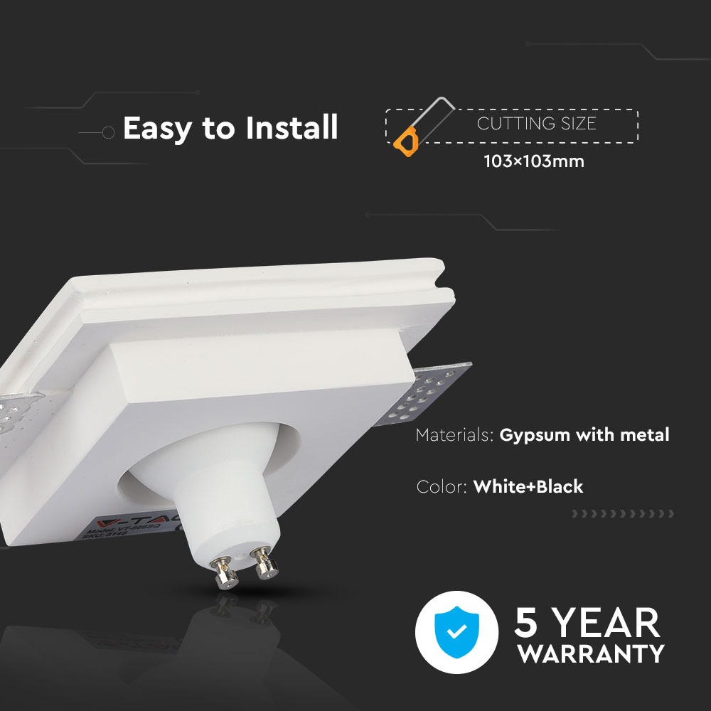 GU10 Fitting Gesso White Recessed Light Black Metal Square img 1