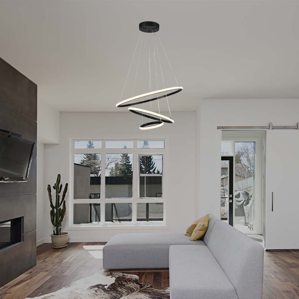 Lampadario LED a Sospensione con 3 Cerchi 32W in Metallo Colore Nero 60x40x20cm 3000K
