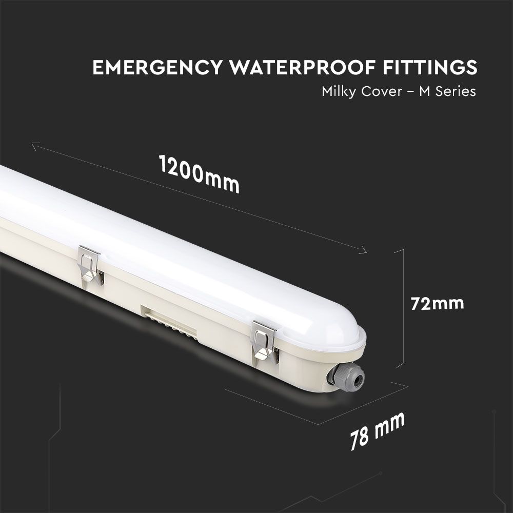 LED Waterproof Fitting M-SERIES 1200mm 36W 6400K Emergency Kit PC/PC SS Clip 120LM/W
