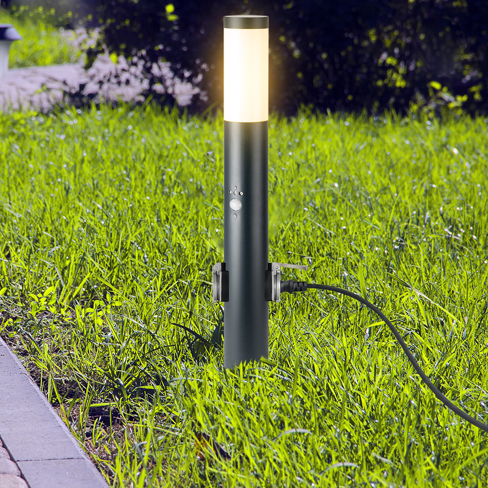 Bollard Lamp 60CM  PIR Sensor With 2 EU Plug Sockets  Stainless Steel Black IP44