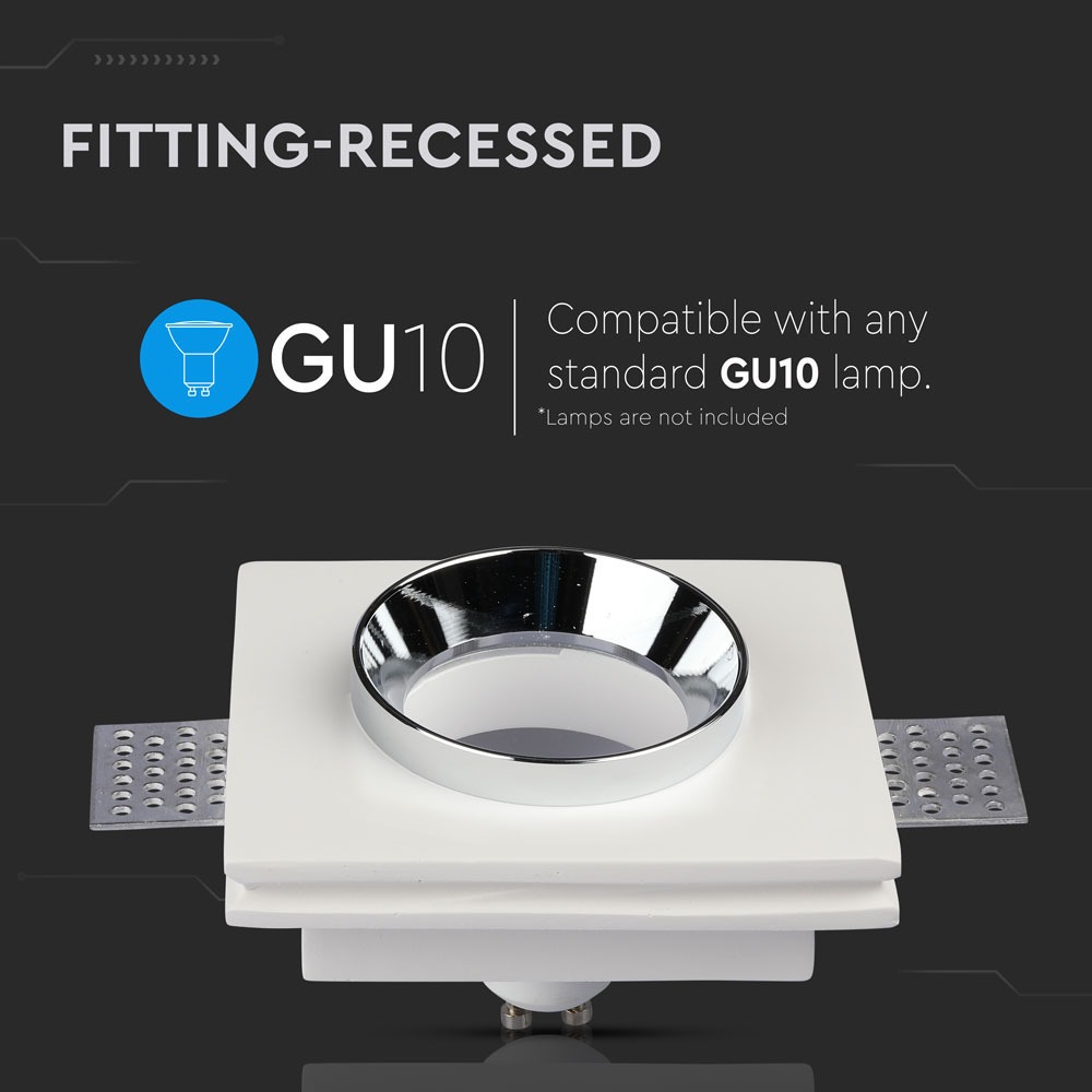 GU10 Fitting Gesso White Recessed Light Chrome Metal Quadrato
