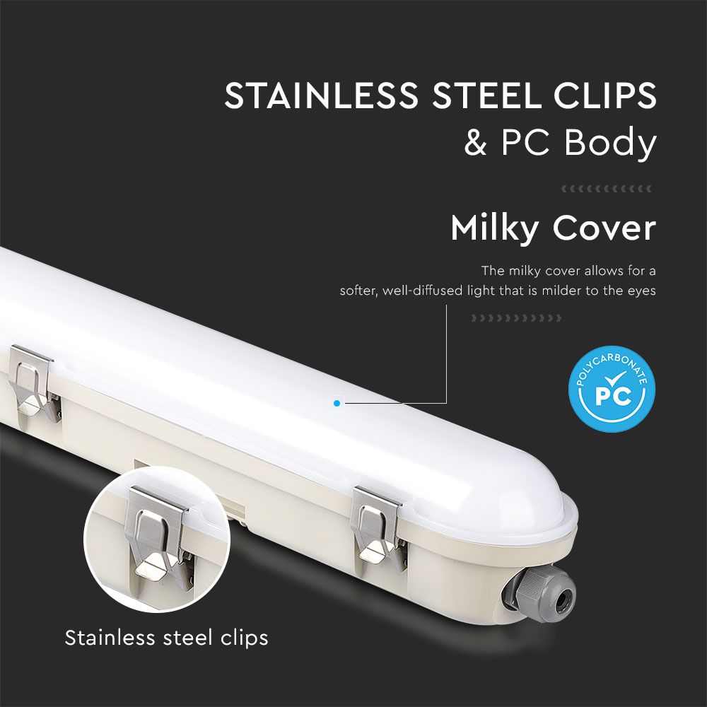 LED Waterproof Fitting M-SERIES 1200mm 36W 6400K Emergency Kit PC/PC SS Clip 120LM/W img 4
