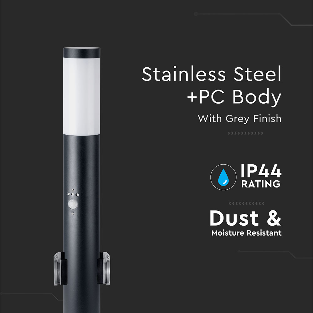 Bollard Lamp 60CM  PIR Sensor With 2 EU Plug Sockets  Stainless Steel Black IP44